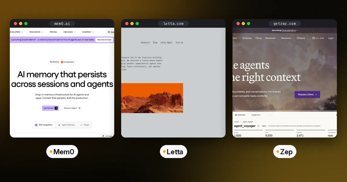 Side by side screenshots of the Mem0, Letta and Zep websites