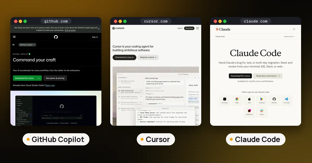 Screenshots of GitHub Copilot, Cursor, Claude Code