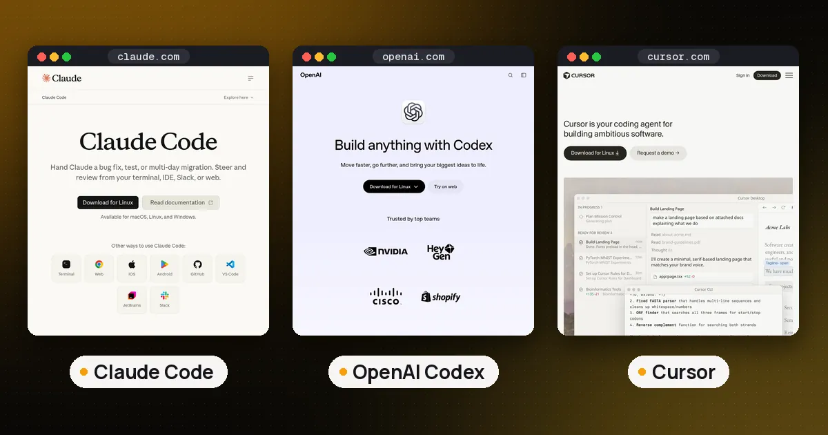 Screenshots of Claude Code, OpenAI Codex, Cursor