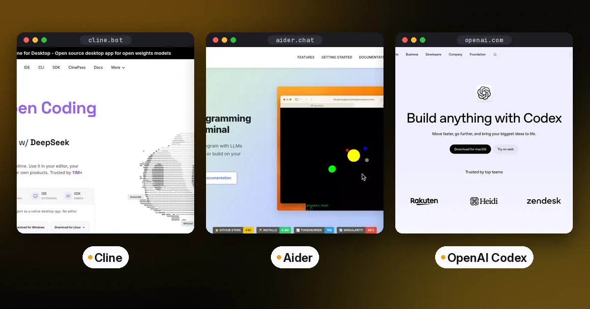 Side by side screenshots of the Cline, Aider and OpenAI Codex websites