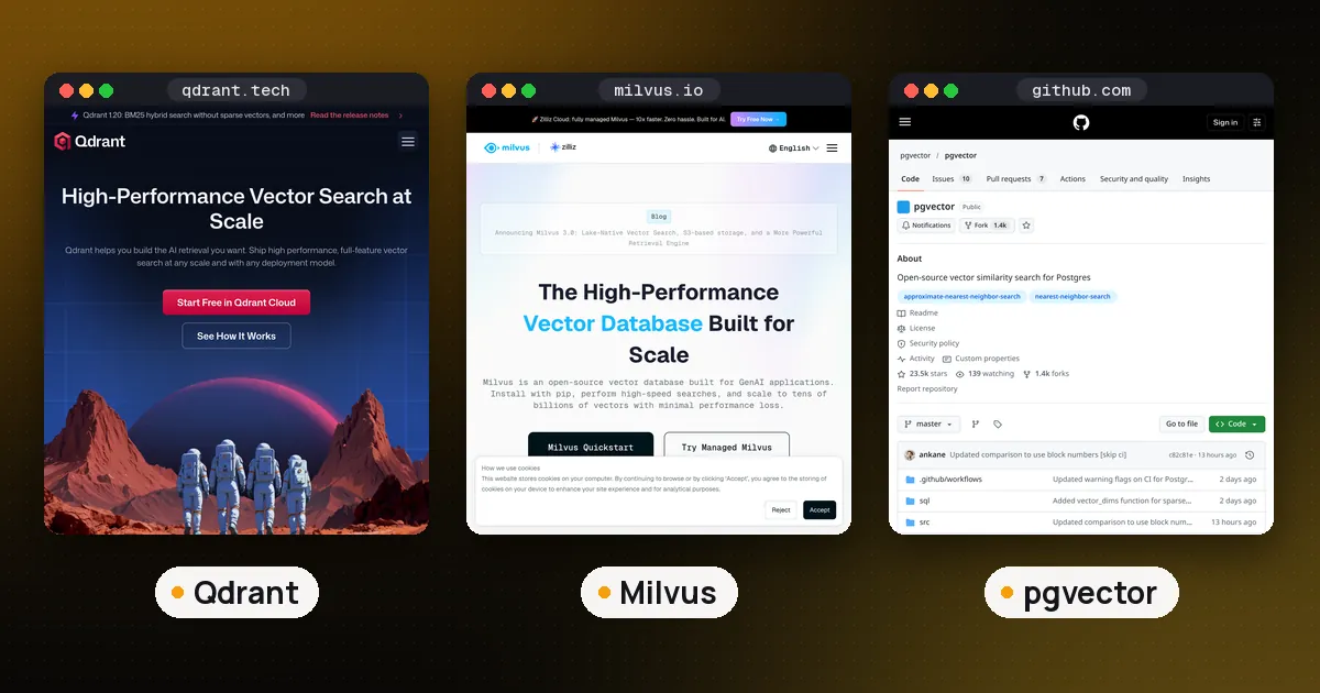 Screenshots of Qdrant, Milvus, pgvector
