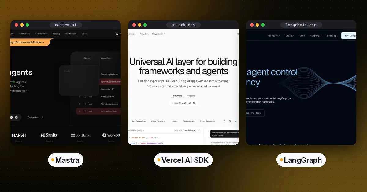 Side by side screenshots of the Mastra, Vercel AI SDK and LangGraph websites