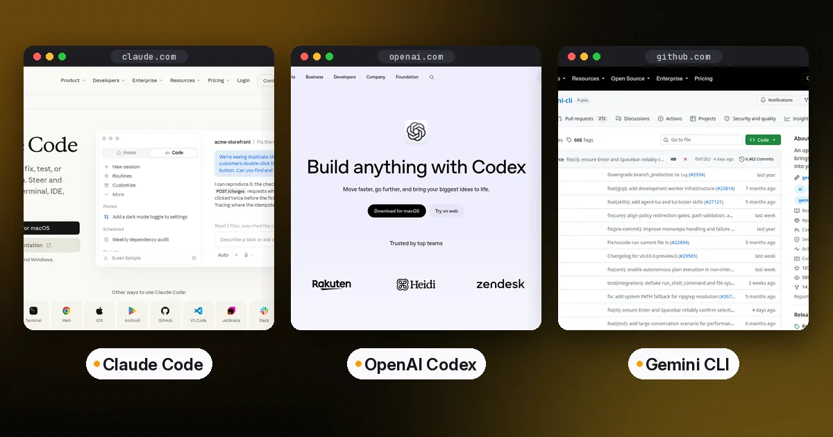 Side by side screenshots of the Claude Code, OpenAI Codex and Gemini CLI websites