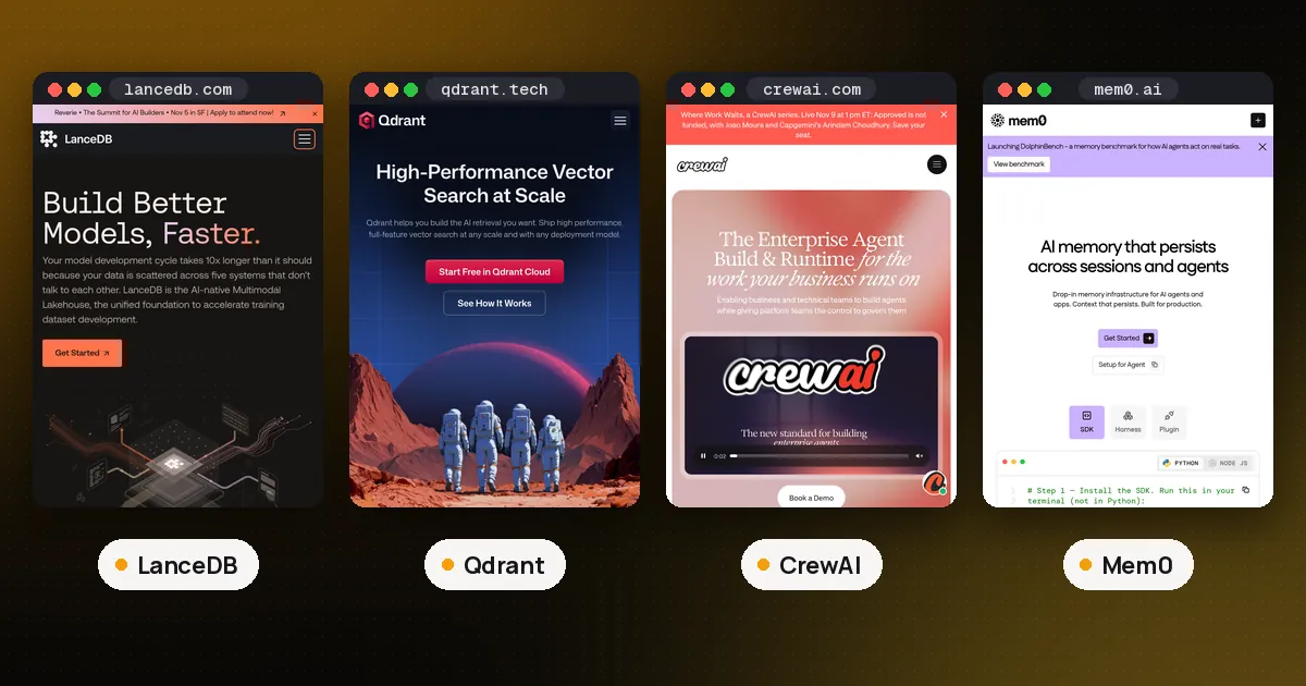Screenshots of LanceDB, Qdrant, CrewAI, Mem0