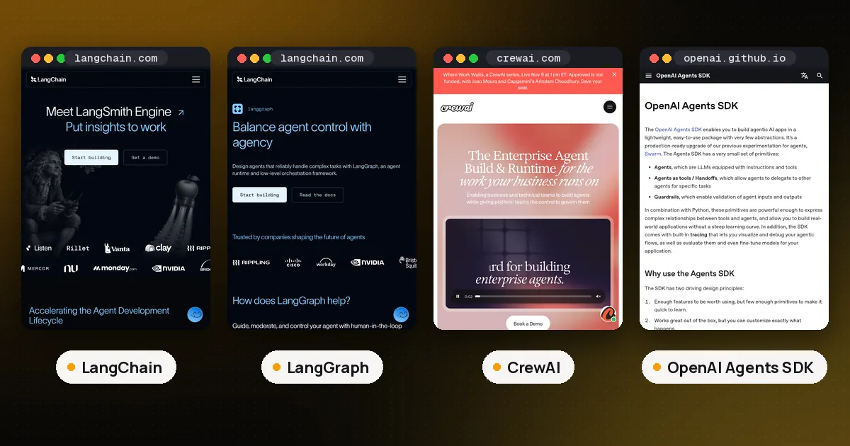 Screenshots of LangChain, LangGraph, CrewAI, OpenAI Agents SDK