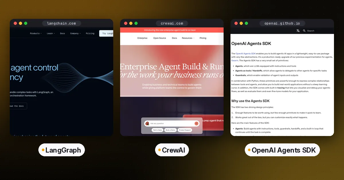 Side by side screenshots of the LangGraph, CrewAI and OpenAI Agents SDK websites