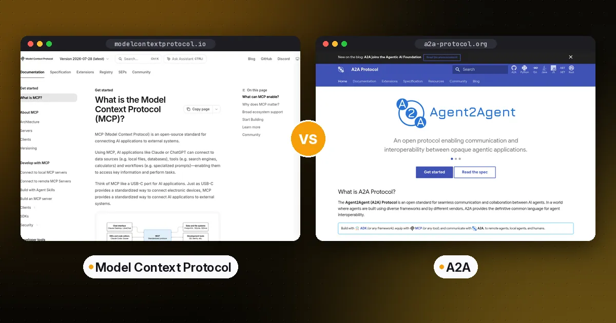 Side by side screenshots of the Model Context Protocol and A2A websites