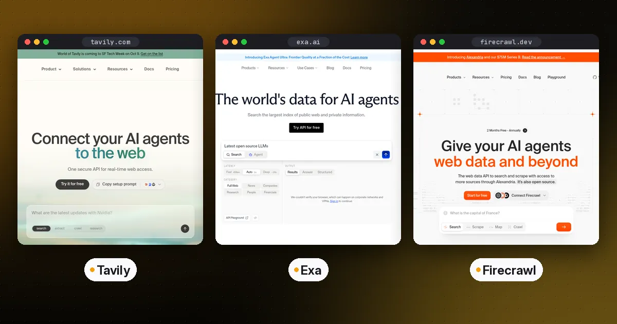Side by side screenshots of the Tavily, Exa and Firecrawl websites